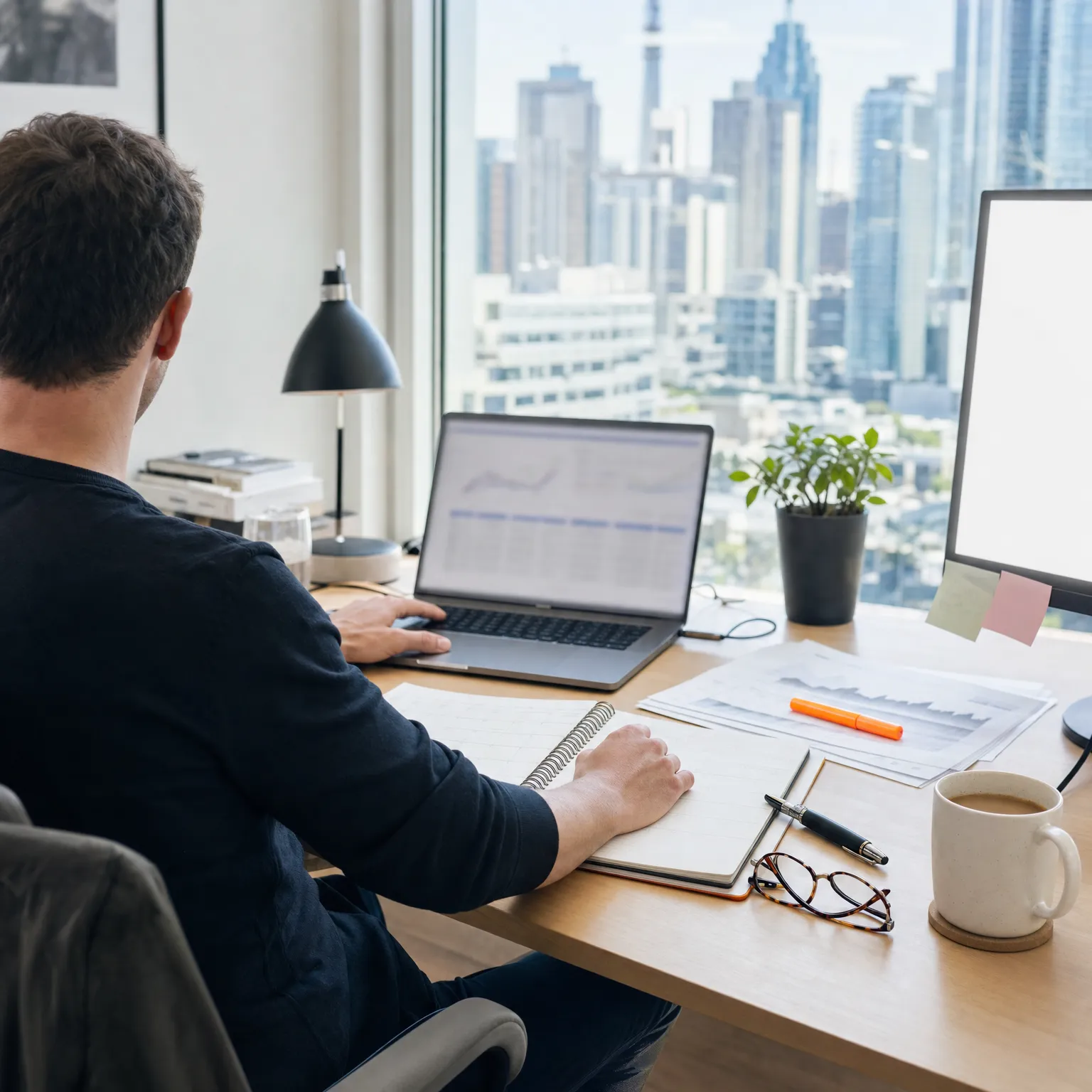 Toronto SEO expert planning a client's month of search work at a bright studio desk with a paper planner and a laptop